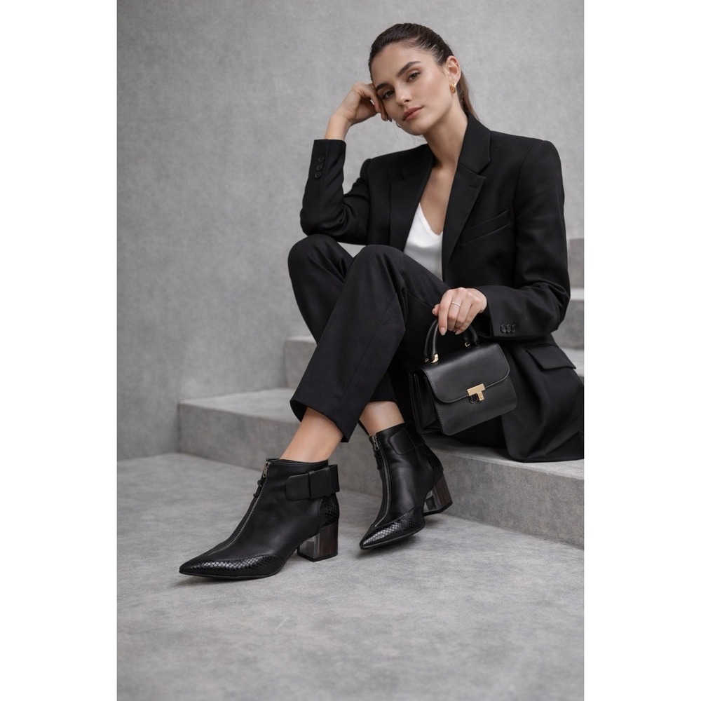 Rodarte Black Leather Ankle Boots Pointed Toe Zip Snake Embossedβ Heel Italy